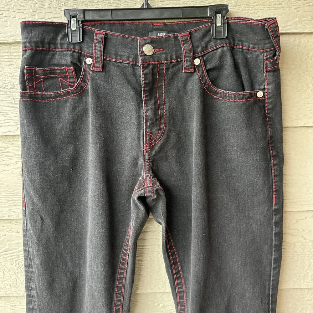 True Religion Ricky Super T Relaxed Straight Jeans Mens 36 Black Red Stitch Flap